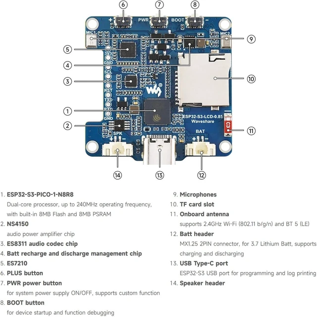 Alt view image 7 of 7 - Waveshare ESP32-S3 0.85inch LCD Display Development Board, 128 × 128 Resolution, Onboard Dual Microphones Array and Surround RGB LEDs, Supports 2.4GHz Wi-Fi and BLE 5, no BAT