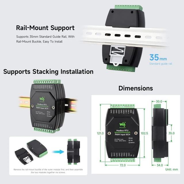 Alt view image 6 of 6 - Waveshare Industrial 8-Ch PWM Input Module, Modbus RTU Protocol, Isolated RS485 Interface, Supports Frequency and Duty Cycle Acquisition, with Various Isolation and Protection Circuits