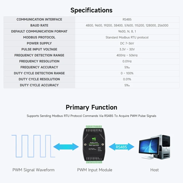 Alt view image 4 of 6 - Waveshare Industrial 8-Ch PWM Input Module, Modbus RTU Protocol, Isolated RS485 Interface, Supports Frequency and Duty Cycle Acquisition, with Various Isolation and Protection Circuits