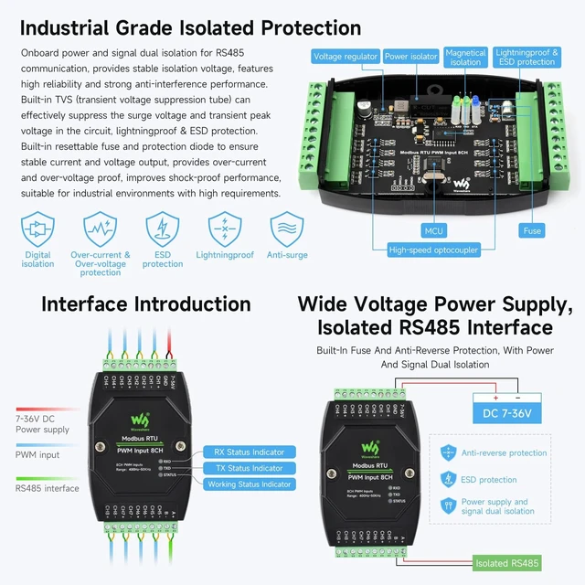 Alt view image 5 of 6 - Waveshare Industrial 8-Ch PWM Input Module, Modbus RTU Protocol, Isolated RS485 Interface, Supports Frequency and Duty Cycle Acquisition, with Various Isolation and Protection Circuits