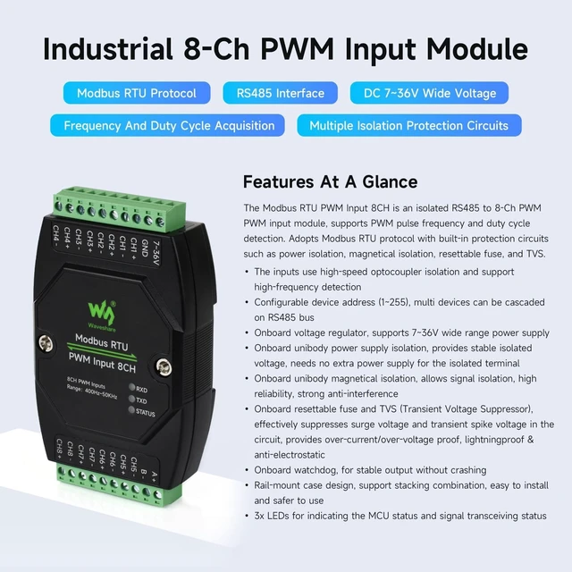 Alt view image 3 of 6 - Waveshare Industrial 8-Ch PWM Input Module, Modbus RTU Protocol, Isolated RS485 Interface, Supports Frequency and Duty Cycle Acquisition, with Various Isolation and Protection Circuits