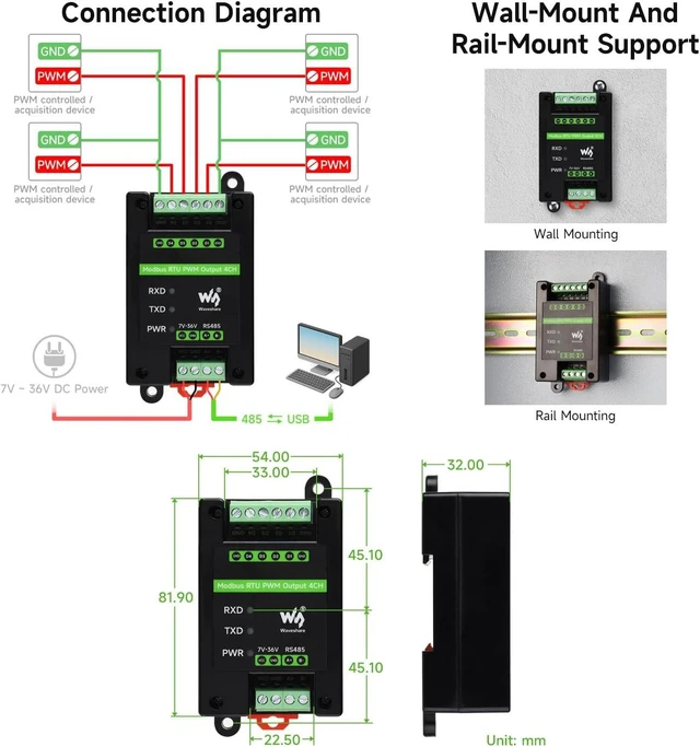 Alt view image 6 of 6 - Waveshare Industrial 4-Ch PWM Output Module, Modbus RTU Protocol, Isolated RS485 Interface, Adjustable Frequency and Duty Cycle, with Various Isolation and Protection Circuits
