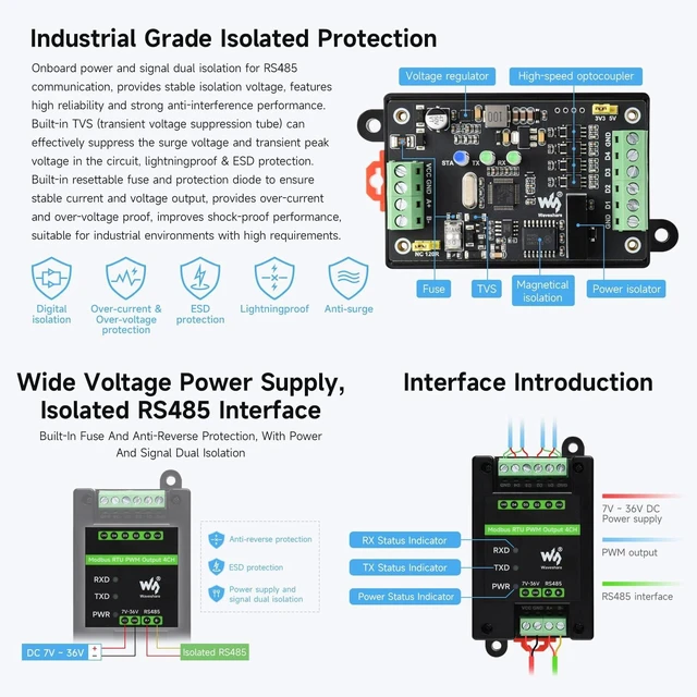 Alt view image 5 of 6 - Waveshare Industrial 4-Ch PWM Output Module, Modbus RTU Protocol, Isolated RS485 Interface, Adjustable Frequency and Duty Cycle, with Various Isolation and Protection Circuits