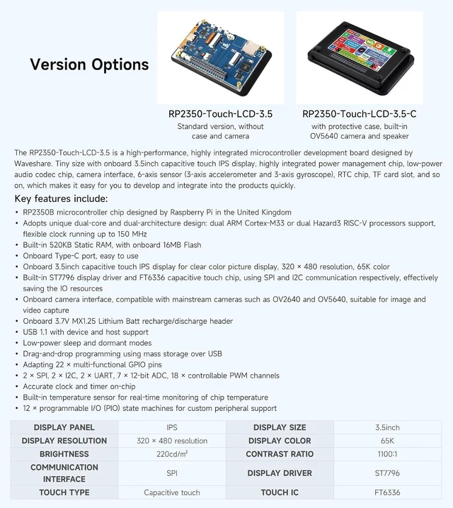 Alt view image 4 of 7 - Waveshare RP2350 3.5inch LCD Display Development Board, 320 × 480 Resolution, 65K Color, Dual-core and Dual-Architecture, Onboard Camera Interface