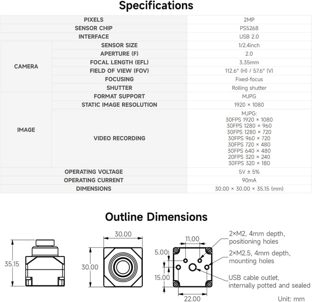 Alt view image 4 of 5 - Waveshare PS5268 2MP USB Camera Module, 120dB High Dynamic Range, USB2.0 Port, Rolling Shutter