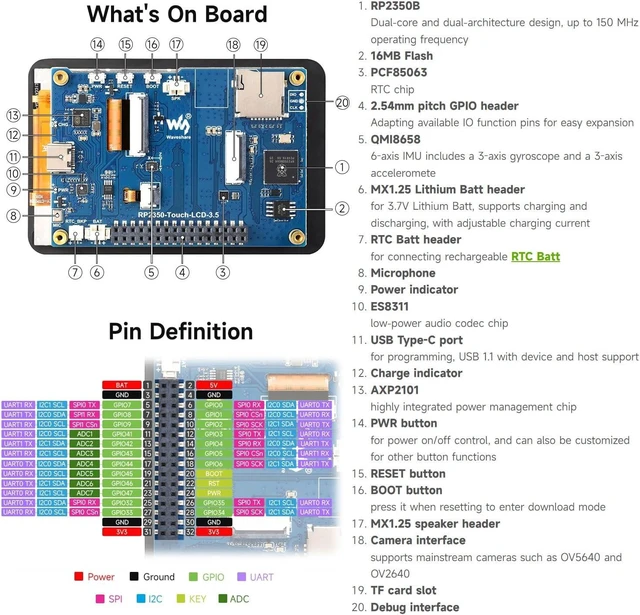 Alt view image 7 of 7 - Waveshare RP2350 3.5inch LCD Display Development Board, 320 × 480 Resolution, 65K Color, Dual-core and Dual-Architecture, Onboard Camera Interface