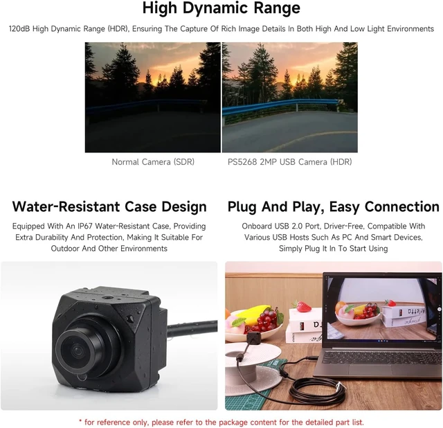 Alt view image 5 of 5 - Waveshare PS5268 2MP USB Camera Module, 120dB High Dynamic Range, USB2.0 Port, Rolling Shutter