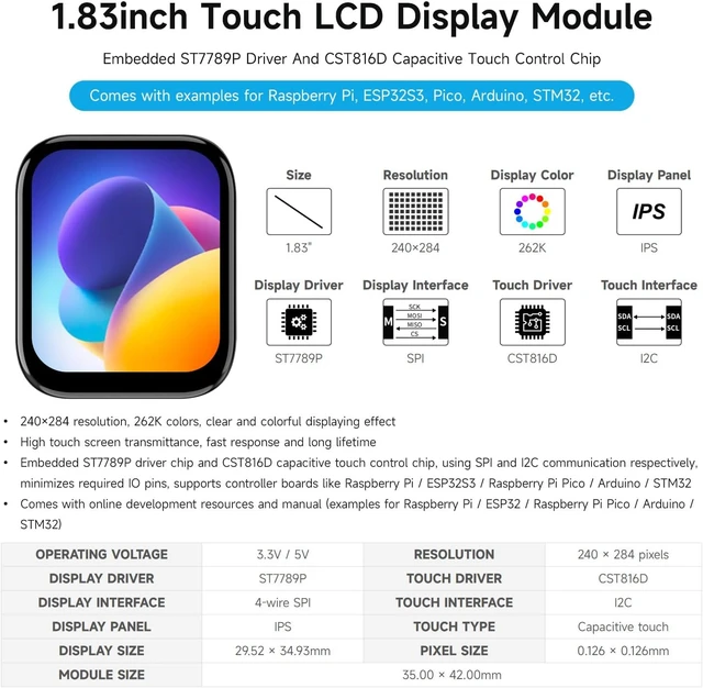 Alt view image 3 of 5 - Waveshare 1.83inch Touch LCD Display Module, Micro LCD Display, 240×284 Resolution, IPS, SPI and I2C Communication, 262K Display Color