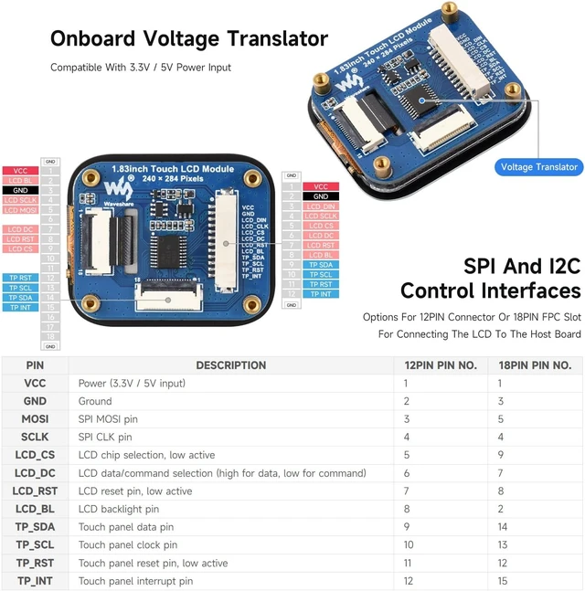 Alt view image 4 of 5 - Waveshare 1.83inch Touch LCD Display Module, Micro LCD Display, 240×284 Resolution, IPS, SPI and I2C Communication, 262K Display Color