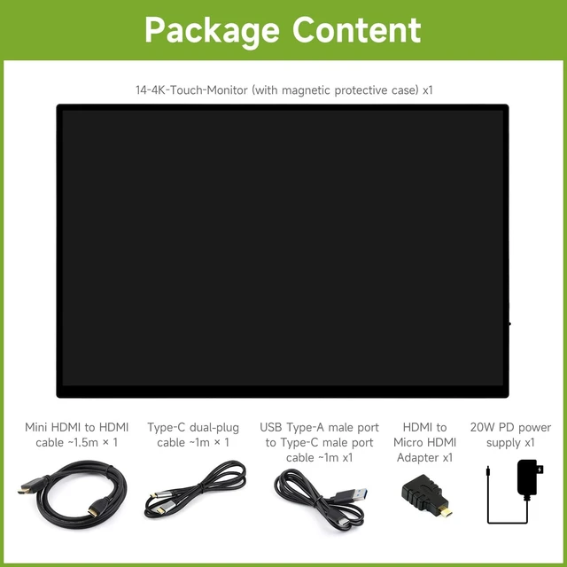 Alt view image 2 of 7 - waveshare Luckfox 14inch 4K Portable Touch Monitor with Magnetic Protective Case, 3840 × 2160 Resolution, HDR Support, IPS Panel, Optical Bonding, 10-Point Touch