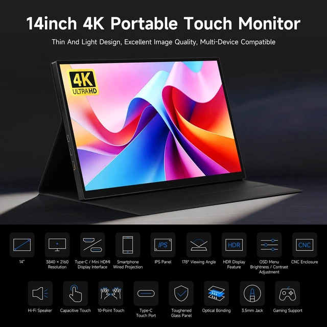 Alt view image 3 of 7 - waveshare Luckfox 14inch 4K Portable Touch Monitor with Magnetic Protective Case, 3840 × 2160 Resolution, HDR Support, IPS Panel, Optical Bonding, 10-Point Touch
