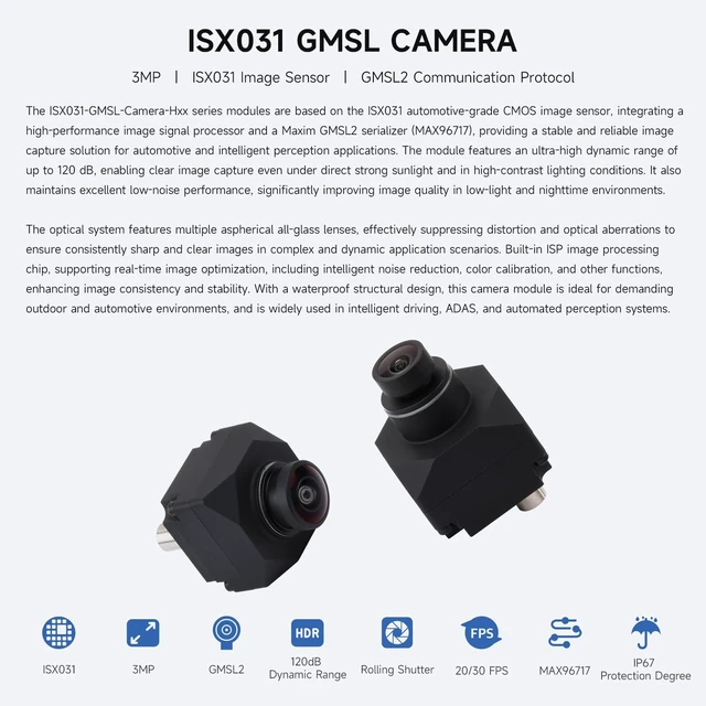 Alt view image 3 of 5 - Waveshare 3MP ISX031 Image Sensor GMSL Camera Module, Rolling Shutter, IP67 Protection Degree and More Durable, 190 FOV