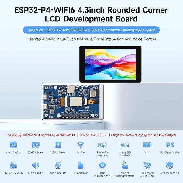 Alt view image 3 of 7 - Waveshare ESP32-P4-WIFI6 4.3inch Development Board, 480 × 800 Resolution, 5-Point Touch, Onboard Audio codec chip, Supports Wi-Fi 6 and BLE 5