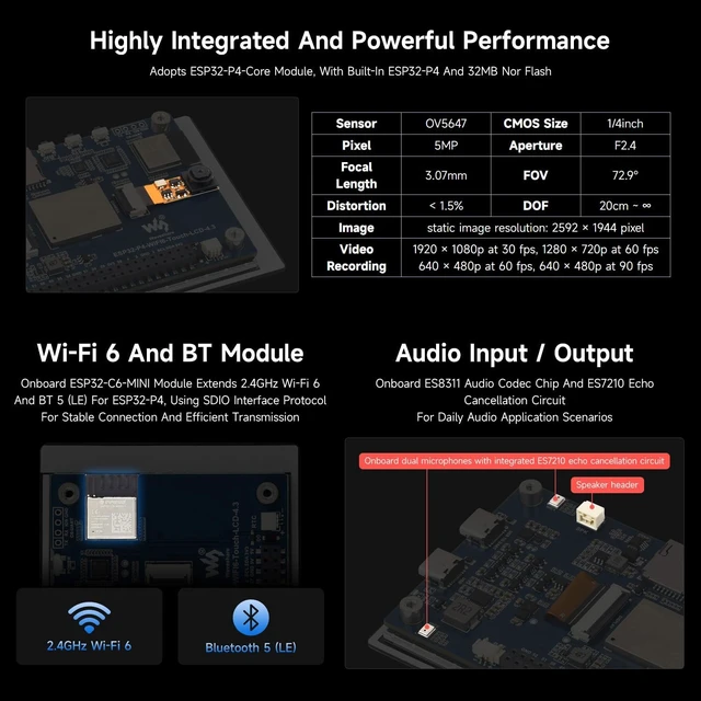 Alt view image 6 of 7 - Waveshare ESP32-P4-WIFI6 4.3inch Development Board, 480 × 800 Resolution, 5-Point Touch, Onboard Audio codec chip, Supports Wi-Fi 6 and BLE 5