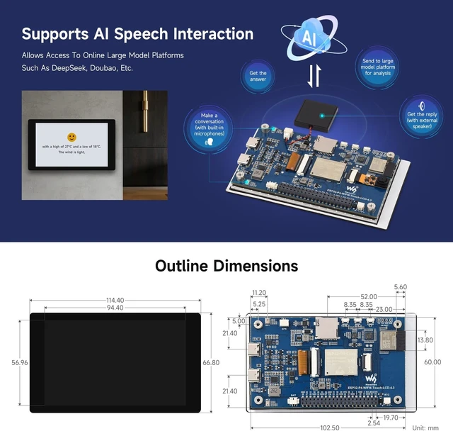 Alt view image 7 of 7 - Waveshare ESP32-P4-WIFI6 4.3inch Development Board, 480 × 800 Resolution, 5-Point Touch, Onboard Audio codec chip, Supports Wi-Fi 6 and BLE 5