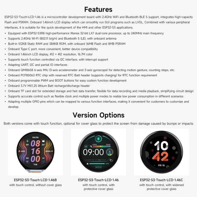 Alt view image 4 of 7 - Waveshare ESP32-S3 1.46inch Round Display Development Board, 412×412, Supports Wi-Fi & BLT, Accelerometer and Gyroscope Sensor, Onboard Speaker and Microphone, Without Protective Cover Glass