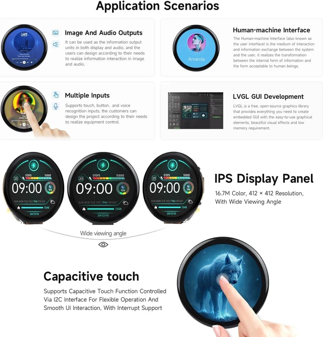 Alt view image 5 of 7 - Waveshare ESP32-S3 1.46inch Round Display Development Board, 412×412, Supports Wi-Fi & BLT, Accelerometer and Gyroscope Sensor, Onboard Speaker and Microphone, Without Protective Cover Glass