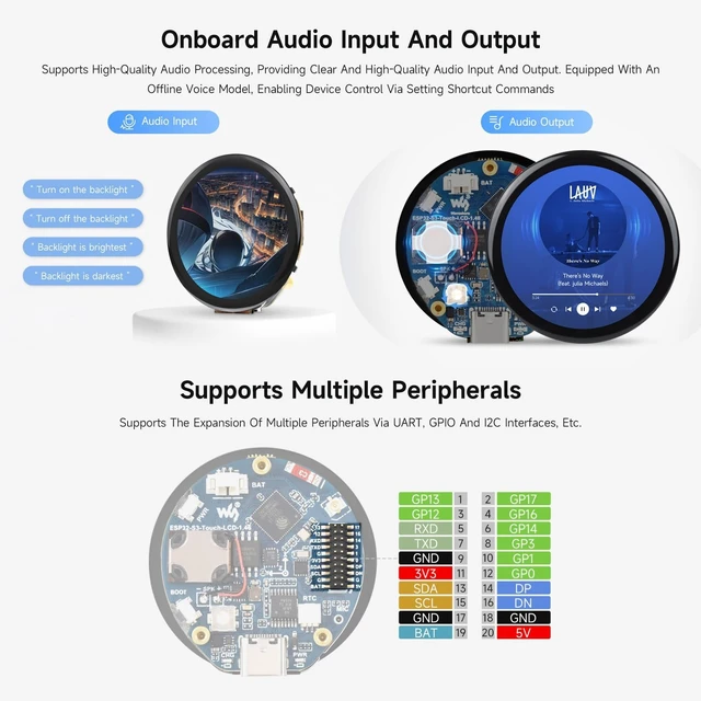 Alt view image 6 of 7 - Waveshare ESP32-S3 1.46inch Round Display Development Board, 412×412, Supports Wi-Fi & BLT, Accelerometer and Gyroscope Sensor, Onboard Speaker and Microphone, Without Protective Cover Glass
