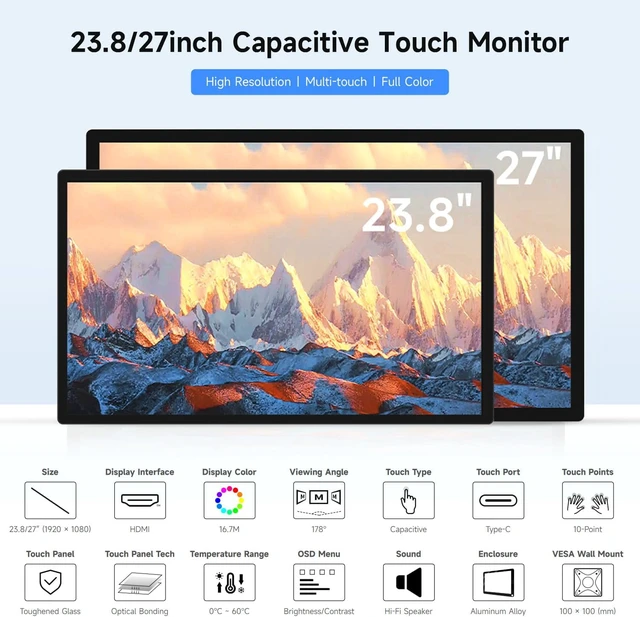 Alt view image 3 of 7 - waveshare 27inch Capacitive Touch Monitor, 1920×1080 Full HD, Optical Bonding Toughened Glass Panel, HDMI Display Interface, 10-Point Touch
