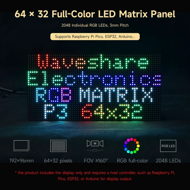 Alt view image 3 of 6 - Waveshare RGB Full-Color LED Matrix Panel, 3mm Pitch, 64 × 32 Pixels, Adjustable Brightness, GOB Version