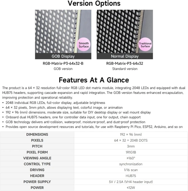 Alt view image 4 of 6 - Waveshare RGB Full-Color LED Matrix Panel, 3mm Pitch, 64 × 32 Pixels, Adjustable Brightness, GOB Version