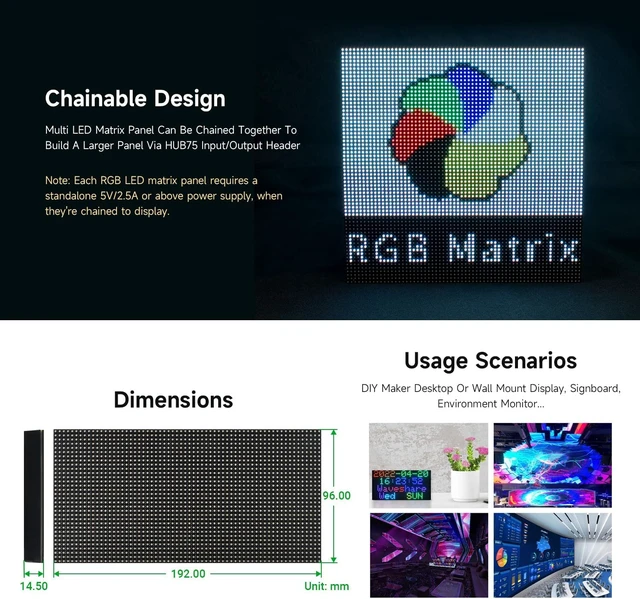 Alt view image 6 of 6 - Waveshare RGB Full-Color LED Matrix Panel, 3mm Pitch, 64 × 32 Pixels, Adjustable Brightness, GOB Version