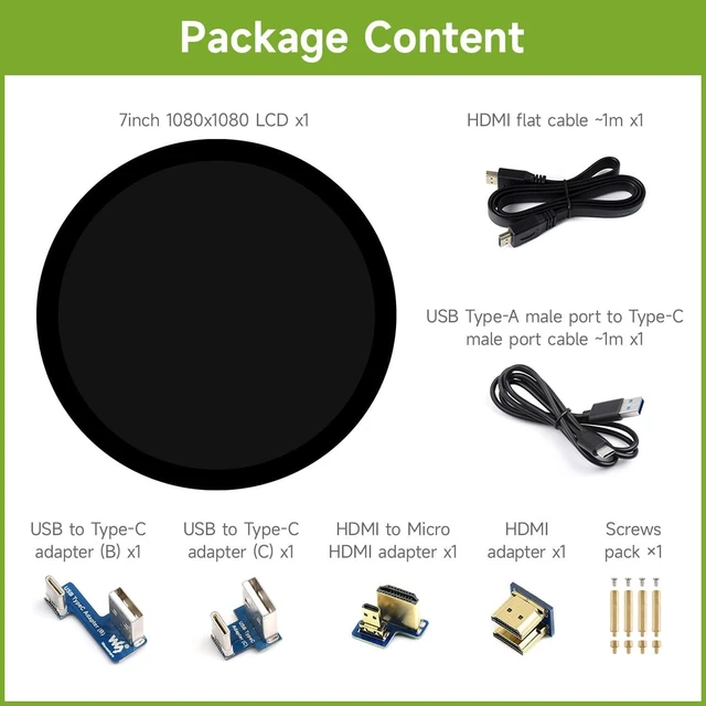 Alt view image 2 of 7 - waveshare 7inch HDMI Round Capacitive Touch Display, 1080 × 1080 Resolution, IPS Display Panel, 10-Point Touch, Optical Bonding Toughened Glass Panel