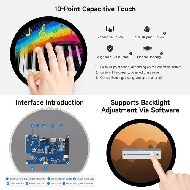 Alt view image 6 of 7 - waveshare 7inch HDMI Round Capacitive Touch Display, 1080 × 1080 Resolution, IPS Display Panel, 10-Point Touch, Optical Bonding Toughened Glass Panel