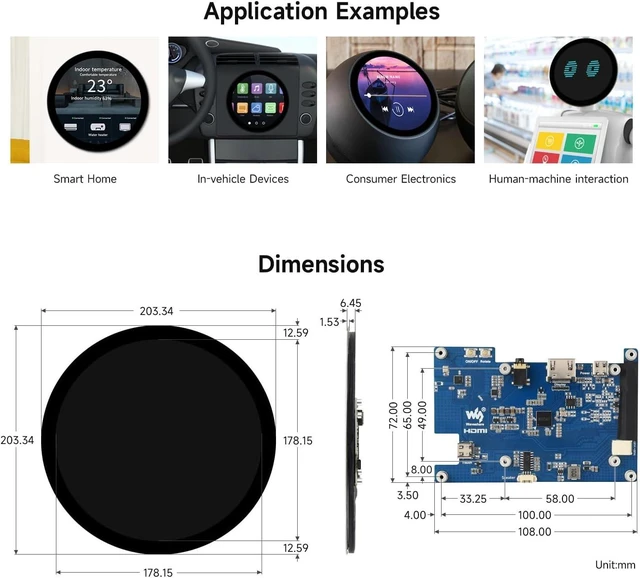 Alt view image 7 of 7 - waveshare 7inch HDMI Round Capacitive Touch Display, 1080 × 1080 Resolution, IPS Display Panel, 10-Point Touch, Optical Bonding Toughened Glass Panel