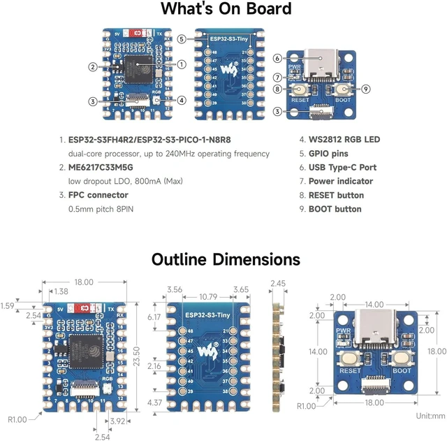 Alt view image 6 of 6 - Waveshare ESP32-S3 Mini Development Board, Based on ESP32-S3FH4R2/ESP32-S3-PICO-1-N8R8 Dual-Core Processor, 8MB Flash and 8MB PSRAM, Development Board + Adapter Board + FPC Cable