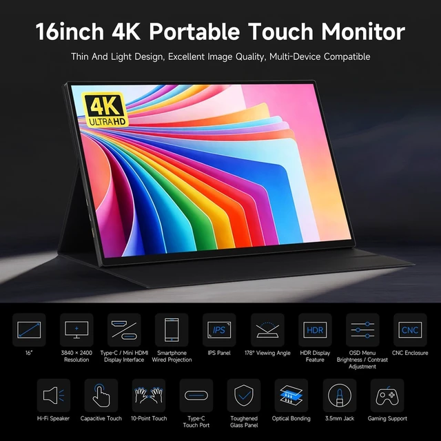 Alt view image 3 of 7 - waveshare Luckfox 16inch 4K Portable Touch Monitor with Magnetic Protective Case, 3840 × 2400 Resolution, HDR 120Hz Refresh Rate, IPS Panel, Optical Bonding, 10-Point Touch