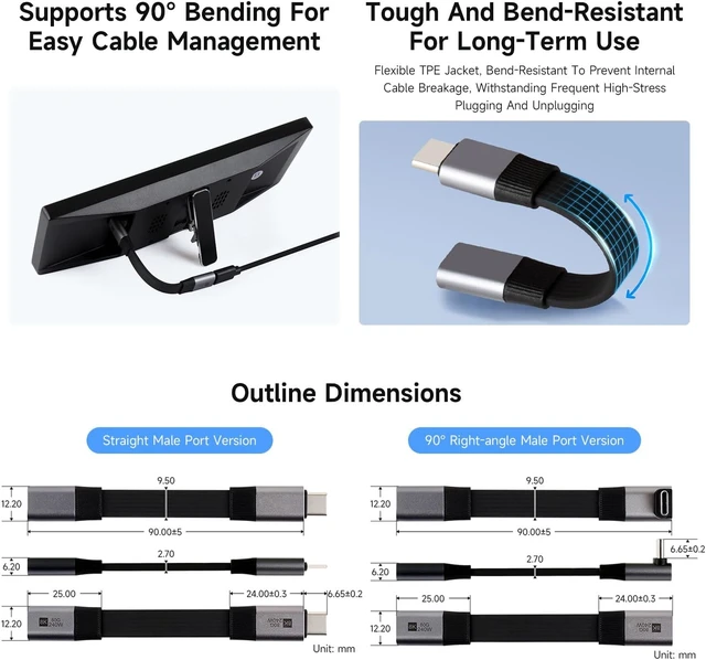 Alt view image 5 of 5 - Waveshare USB4 V2.0 Full-Featured Type-C Extension Cable, 80Gbps Data Transfer, Supports 90° Bending, Flexible TPE Jacket, 8K at 60Hz HD Video Transmission, 90° Right-Angle Male Port