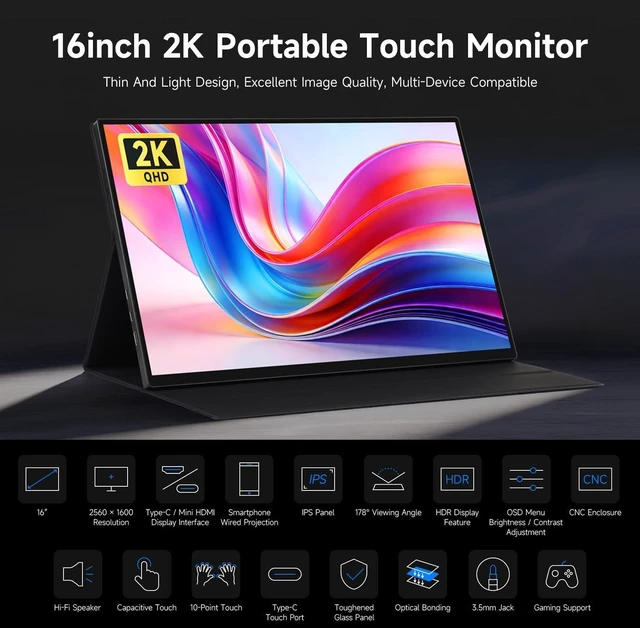 Alt view image 3 of 7 - waveshare Luckfox 16inch 2K Portable Touch Monitor with Magnetic Protective Case, 2560 × 1600 Resolution, HDR 165Hz Refresh Rate, IPS Panel, Optical Bonding, 10-Point Touch