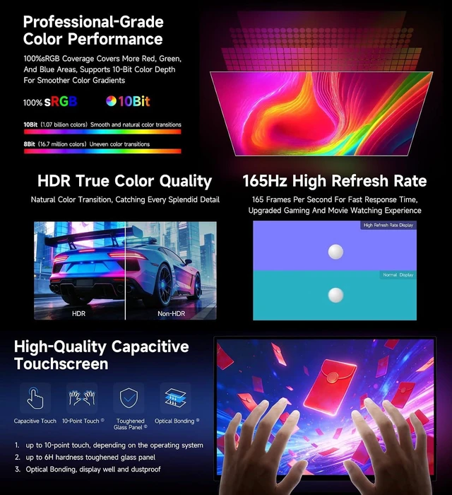 Alt view image 6 of 7 - waveshare Luckfox 16inch 2K Portable Touch Monitor with Magnetic Protective Case, 2560 × 1600 Resolution, HDR 165Hz Refresh Rate, IPS Panel, Optical Bonding, 10-Point Touch