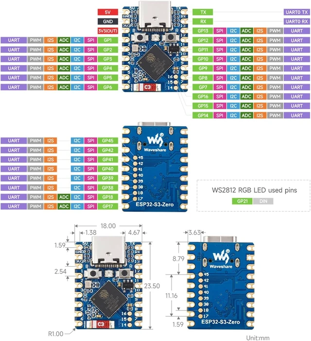 Alt view image 5 of 5 - Waveshare ESP32-S3 Mini Development Board, Based on ESP32-S3 Dual-Core Processor, 240MHz Running Frequency, 2.4GHz Wi-Fi & Bluetooth 5