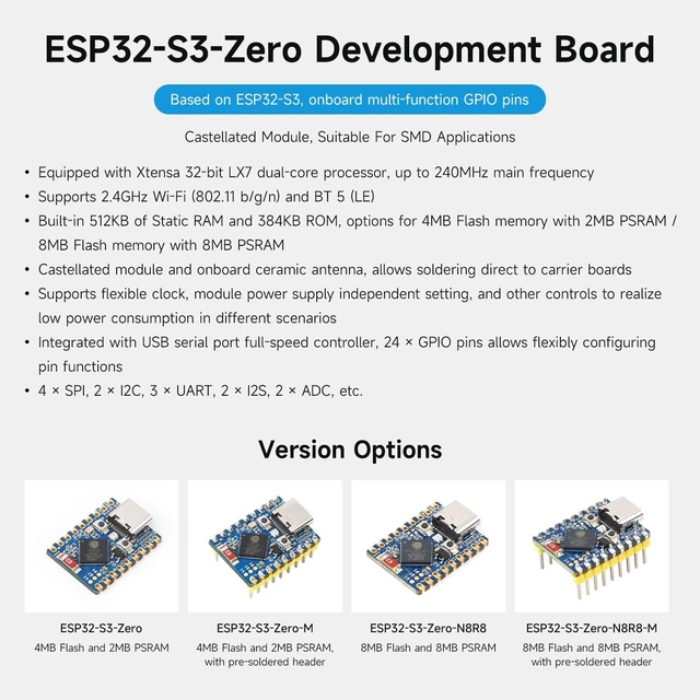 Alt view image 3 of 5 - Waveshare ESP32-S3 Mini Development Board, Based on ESP32-S3 Dual-Core Processor, 240MHz Running Frequency, 2.4GHz Wi-Fi & Bluetooth 5