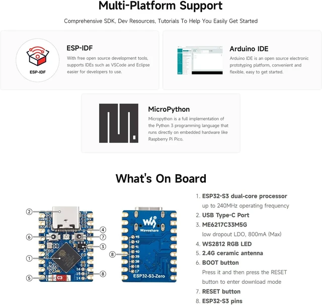 Alt view image 4 of 5 - Waveshare ESP32-S3 Mini Development Board, Based on ESP32-S3 Dual-Core Processor, 240MHz Running Frequency, 2.4GHz Wi-Fi & Bluetooth 5