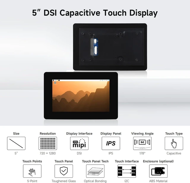 Alt view image 3 of 7 - Waveshare 5inch DSI Capacitive Touch Display, 720×1280 Pixels, IPS Panel, 5-Point Touch, Optical Bonding Toughened Glass Panel, with Protective Case
