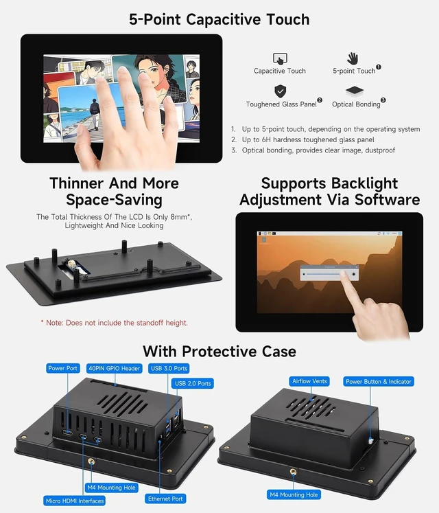 Alt view image 7 of 7 - Waveshare 5inch DSI Capacitive Touch Display, 720×1280 Pixels, IPS Panel, 5-Point Touch, Optical Bonding Toughened Glass Panel, with Protective Case