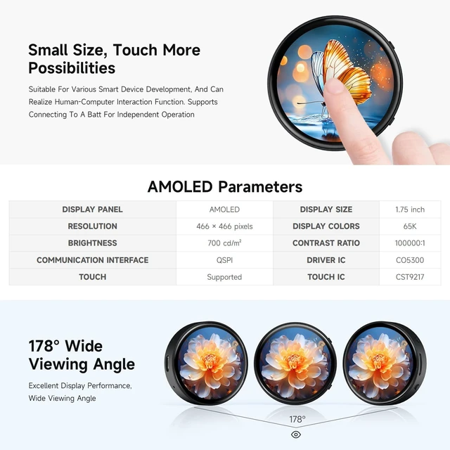Alt view image 5 of 7 - Waveshare RP2350 1.75inch AMOLED Display Development Board, 466×466 Resolution, 65K Color, Dual-core & Dual-Architecture, onboard Accelerometer/Gyroscope IMU Sensor, Standard Version
