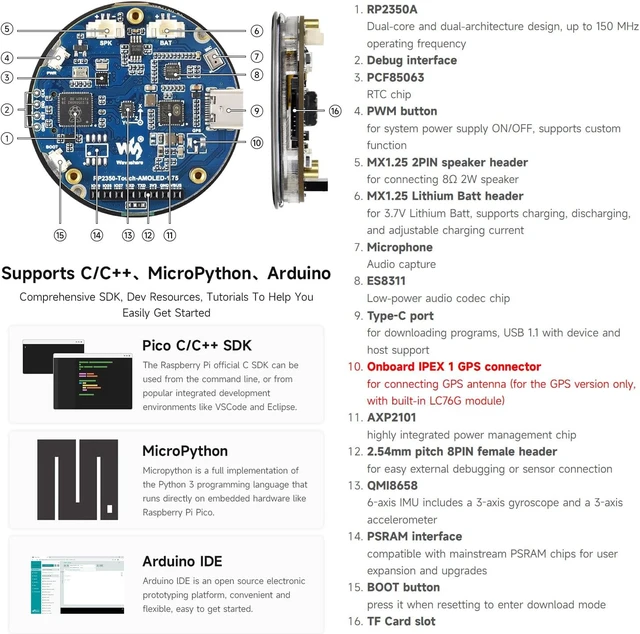 Alt view image 7 of 7 - Waveshare RP2350 1.75inch AMOLED Display Development Board, 466×466 Resolution, 65K Color, Dual-core & Dual-Architecture, onboard Accelerometer/Gyroscope IMU Sensor, Standard Version