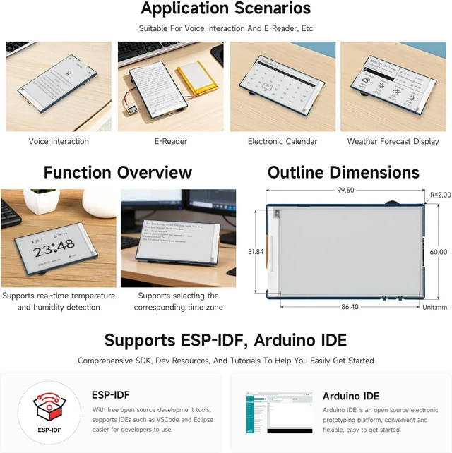 Alt view image 6 of 7 - Waveshare ESP32-S3 3.97inch e-Paper Development Board, 800 × 480 Resolution, Supports Wi-Fi/BLE 5, and AI Voice Interaction, Onboard Microphone