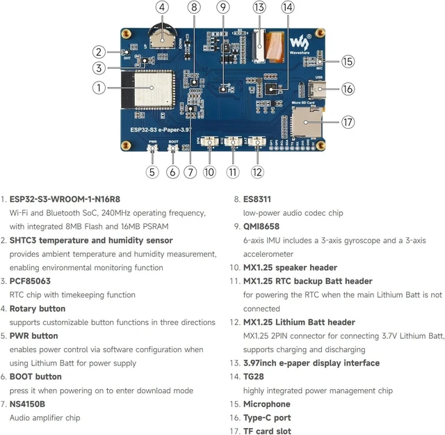 Alt view image 7 of 7 - Waveshare ESP32-S3 3.97inch e-Paper Development Board, 800 × 480 Resolution, Supports Wi-Fi/BLE 5, and AI Voice Interaction, Onboard Microphone