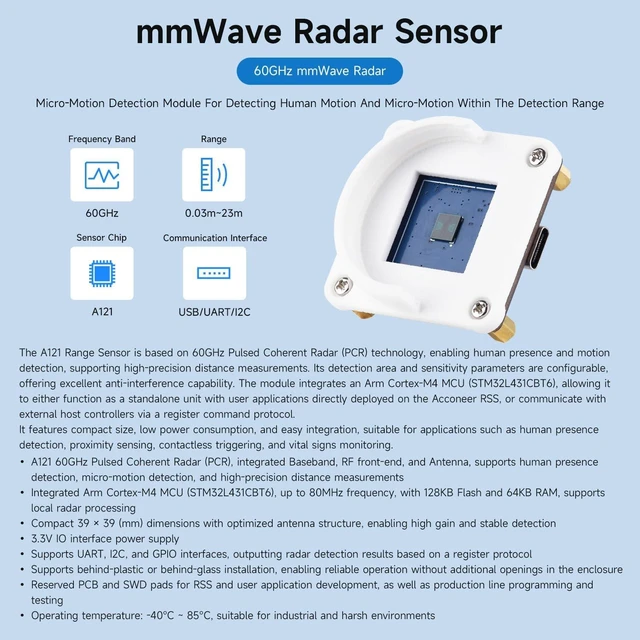 Alt view image 3 of 7 - Waveshare A121 60GHz Mmwave Radar Micro-Motion Detection Module, Based On Pulsed Coherent Radar (PCR) Technology, Supports High-Precision Distance Measurements, with Holder