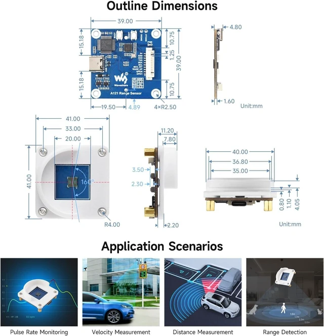Alt view image 7 of 7 - Waveshare A121 60GHz Mmwave Radar Micro-Motion Detection Module, Based On Pulsed Coherent Radar (PCR) Technology, Supports High-Precision Distance Measurements, with Holder