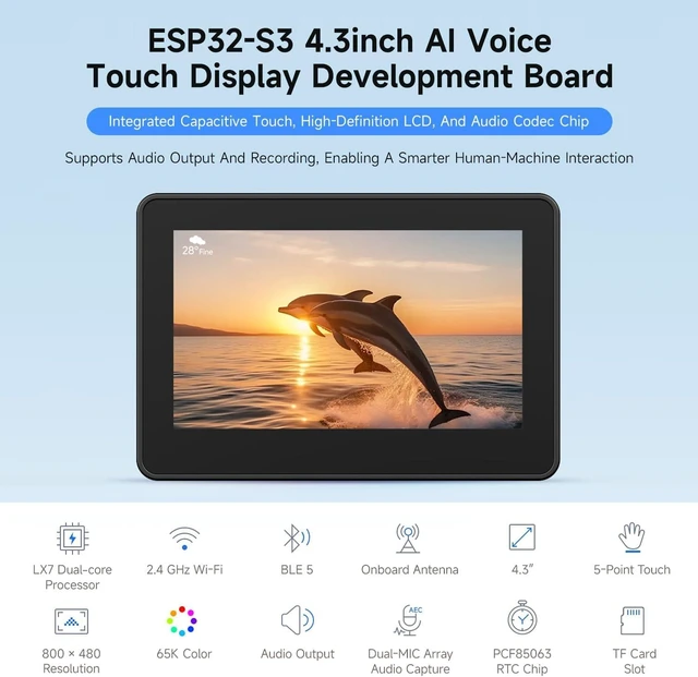 Alt view image 3 of 7 - Waveshare ESP32-S3 4.3inch AI Voice Touch Display Development Board, 800 × 480 Resolution, 5-Point Touch, Dual-MIC Array, Supports 2.4GHz Wi-Fi & BLE 5