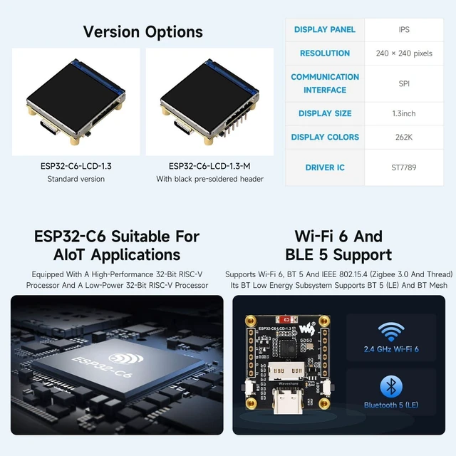 Alt view image 4 of 5 - Waveshare ESP32-C6 1.3inch LCD Display Development Board, 240 × 240 Pixels, 262K Color, Supports Wi-Fi 6 and BLE 5 with Pre-soldered Headers