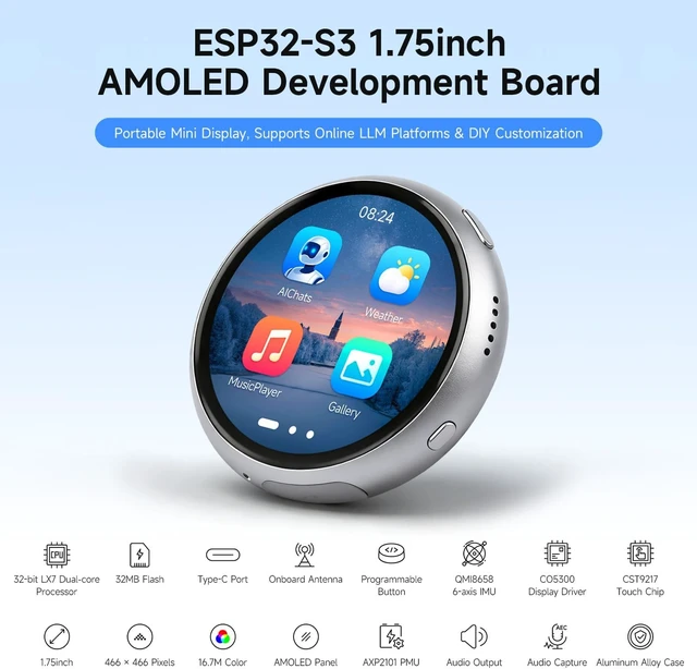 Alt view image 3 of 7 - Waveshare ESP32-S3 1.75inch AMOLED Round Touch Display Development Board, 466 × 466 Resolution, Aluminum Alloy Case, Onboard Dual Microphones Array, Portable Mini Display