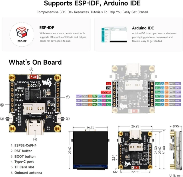 Alt view image 5 of 5 - Waveshare ESP32-C6 1.3inch LCD Display Development Board, 240 × 240 Pixels, 262K Color, Supports Wi-Fi 6 and BLE 5 with Pre-soldered Headers