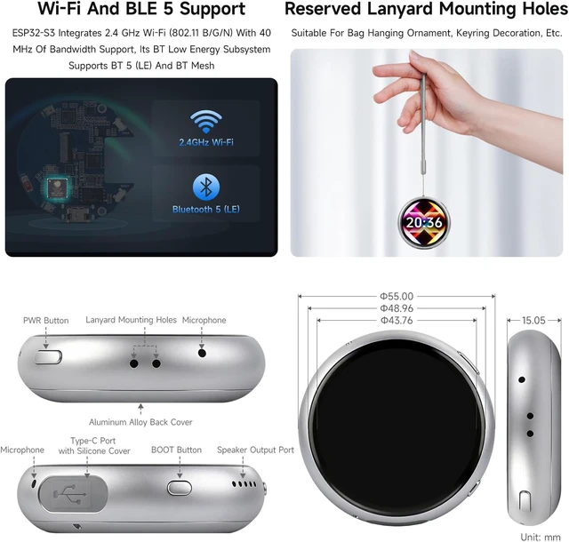 Alt view image 7 of 7 - Waveshare ESP32-S3 1.75inch AMOLED Round Touch Display Development Board, 466 × 466 Resolution, Aluminum Alloy Case, Onboard Dual Microphones Array, Portable Mini Display